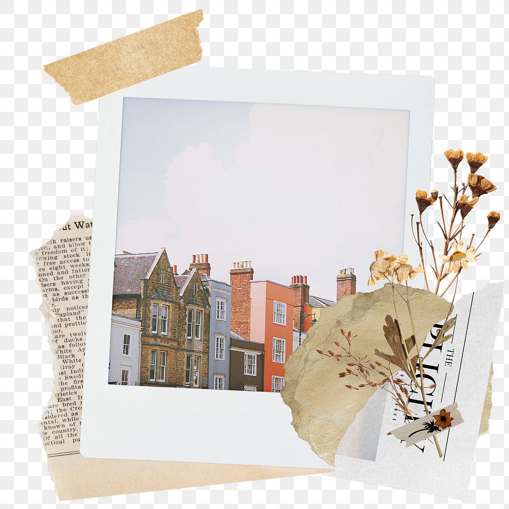 Colorful houses png sticker instant photo, aesthetic flower design, transparent background