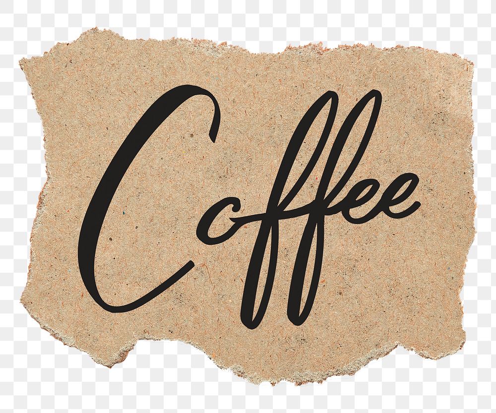 PNG coffee word, torn paper, simple black calligraphy on transparent background