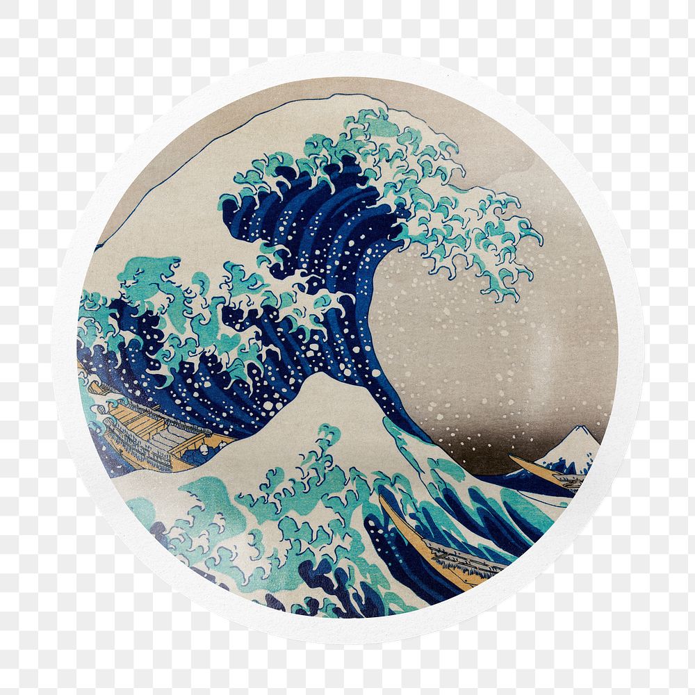 Png The Great Wave off Kanagawa badge sticker on transparent background, remixed by rawpixel