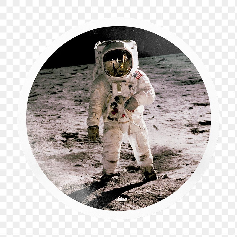 Walking astronaut png badge sticker on transparent background
