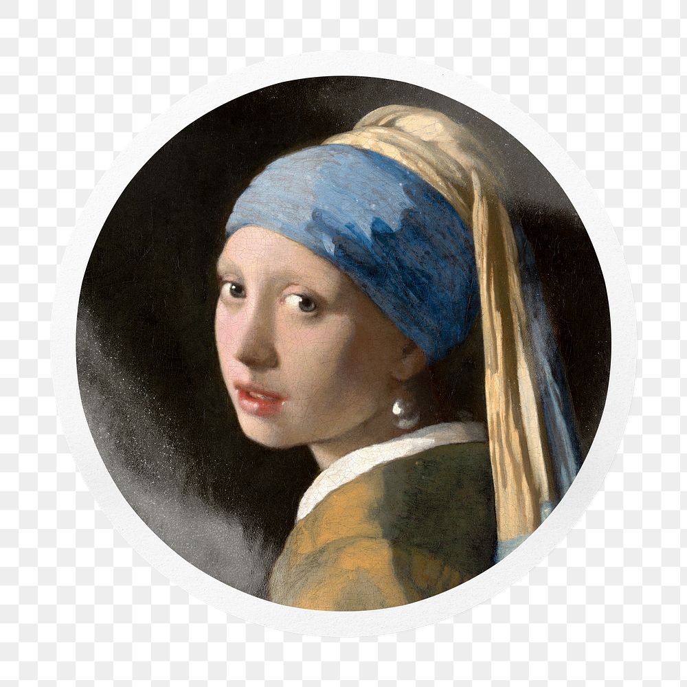 Png Girl with Pearl Earring badge sticker on transparent background, remixed by rawpixel