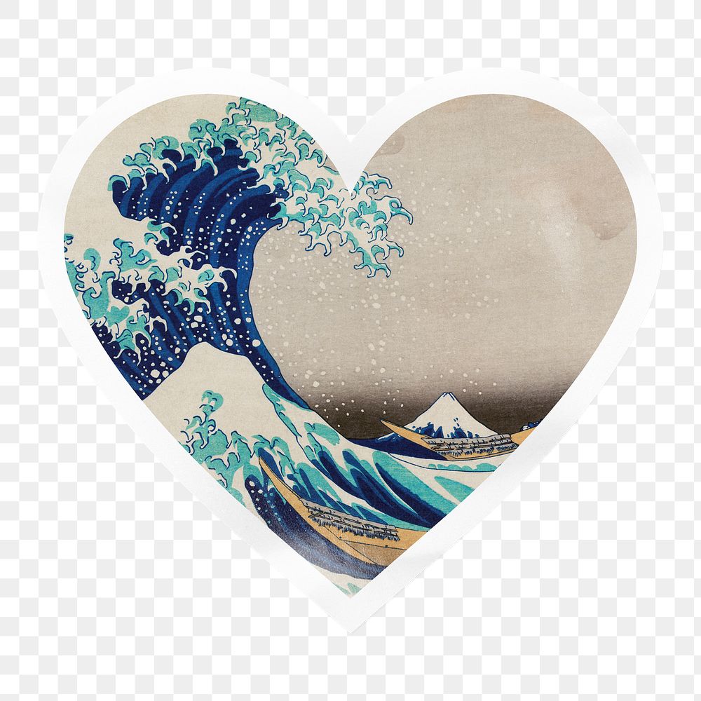 Png The Great Wave off Kanagawa heart badge sticker on transparent background, remixed by rawpixel