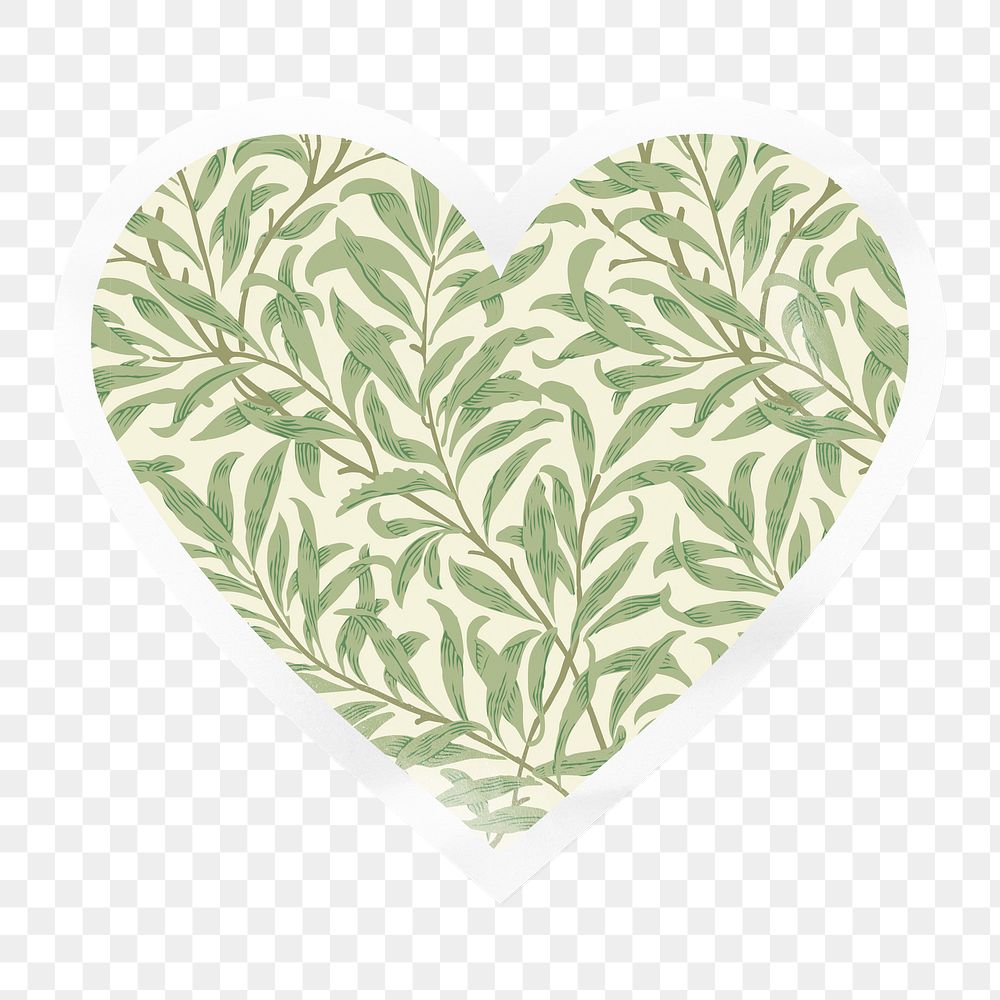 William Morris png leaf pattern heart badge sticker on transparent background, remixed by rawpixel