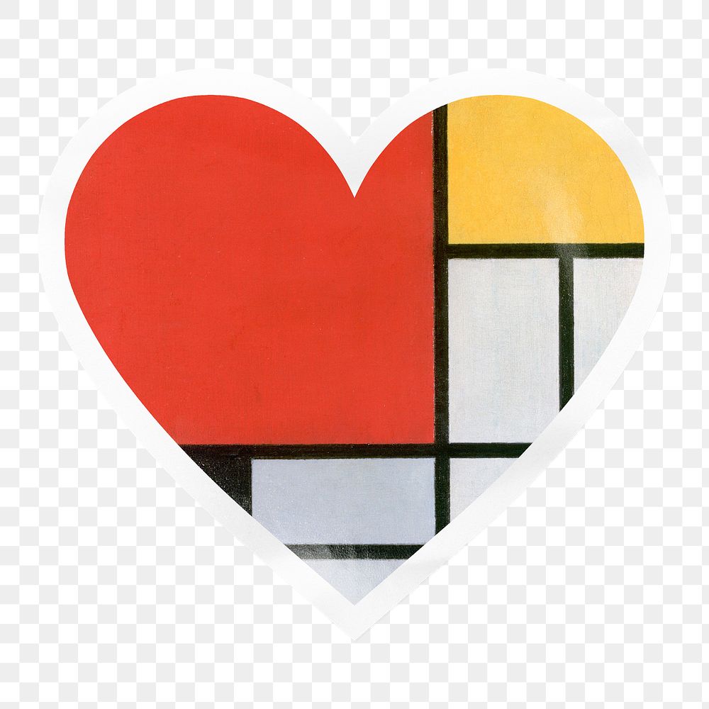 Piet Mondrian's png abstract pattern heart badge sticker on transparent background, famous artwork remixed by rawpixel