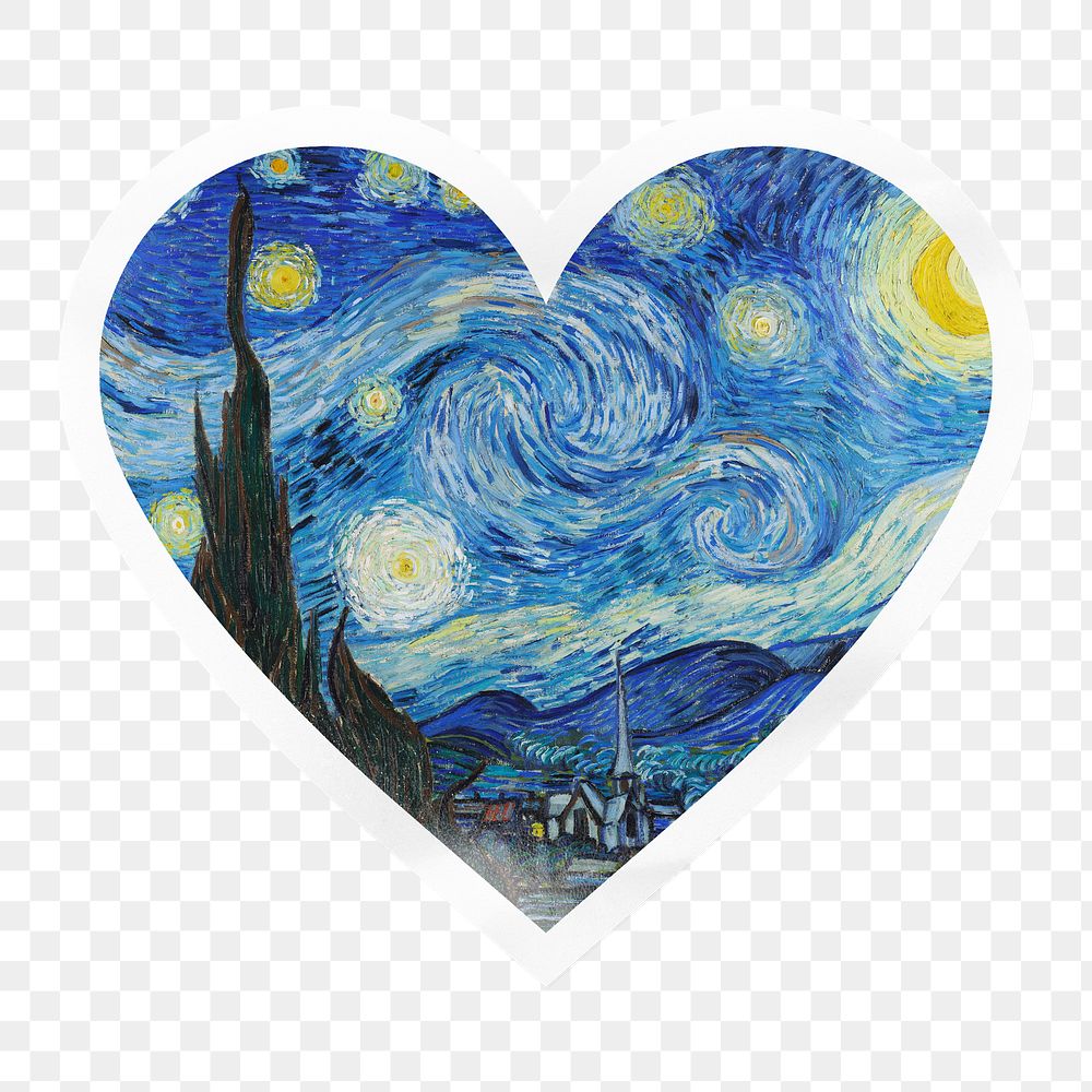 The Starry Night png heart badge sticker on transparent background, remixed by rawpixel