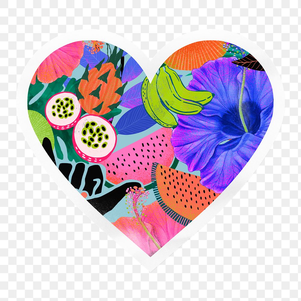 Exotic tropical png pattern heart badge sticker on transparent background