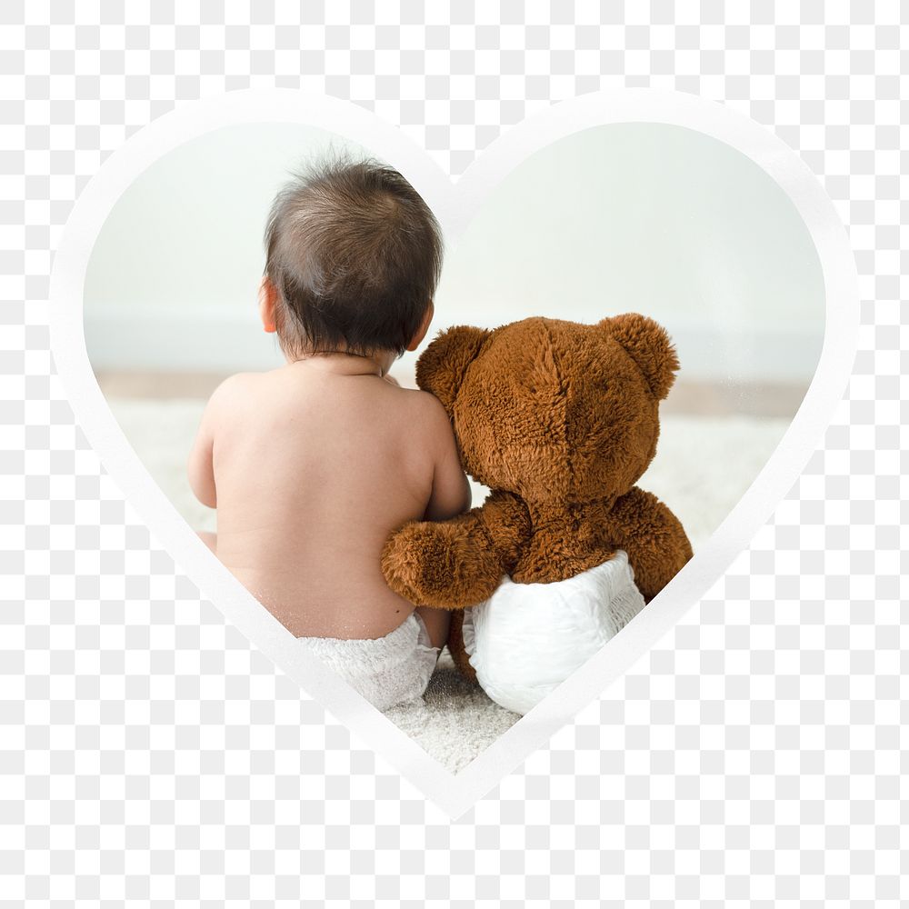 Baby png teddy bear heart badge sticker on transparent background
