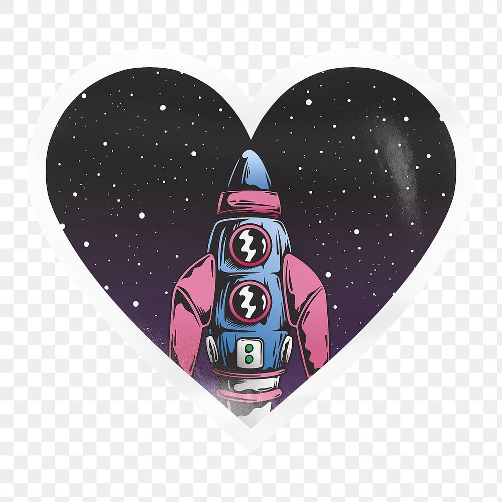 Space rocket png heart badge sticker on transparent background