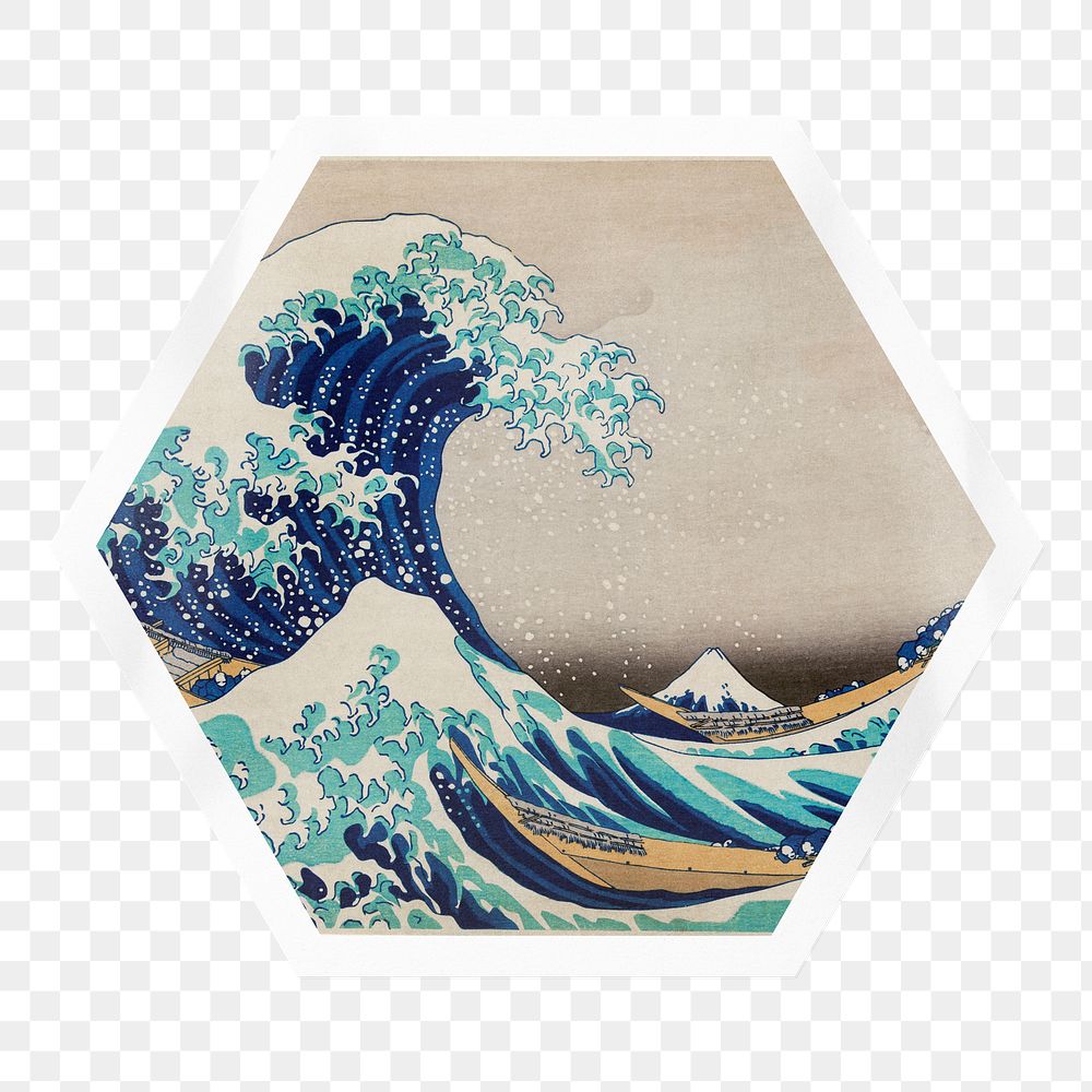 Png The Great Wave off Kanagawa sticker, hexagon badge on transparent background, remixed by rawpixel