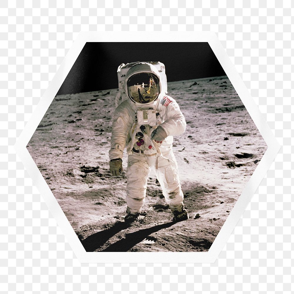 Walking astronaut png sticker, hexagon badge on transparent background