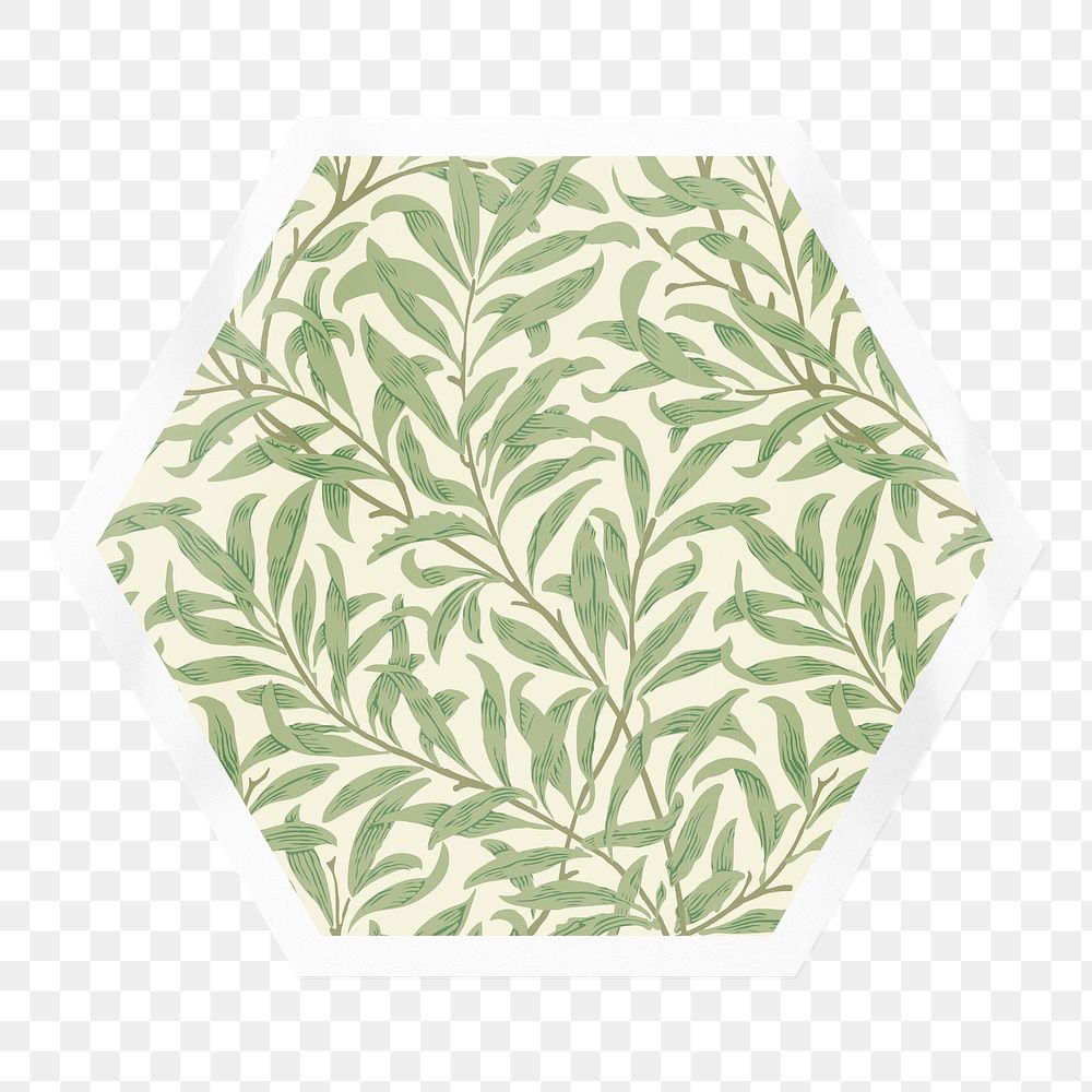 William Morris png leaf pattern sticker, hexagon badge on transparent background, remixed by rawpixel