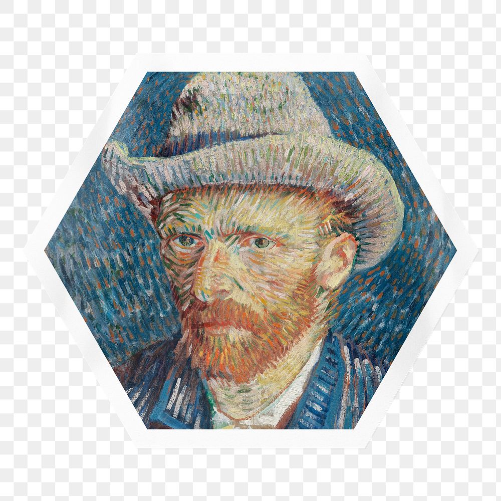 Van Gogh's png Self-Portrait sticker, hexagon badge on transparent background, remixed by rawpixel