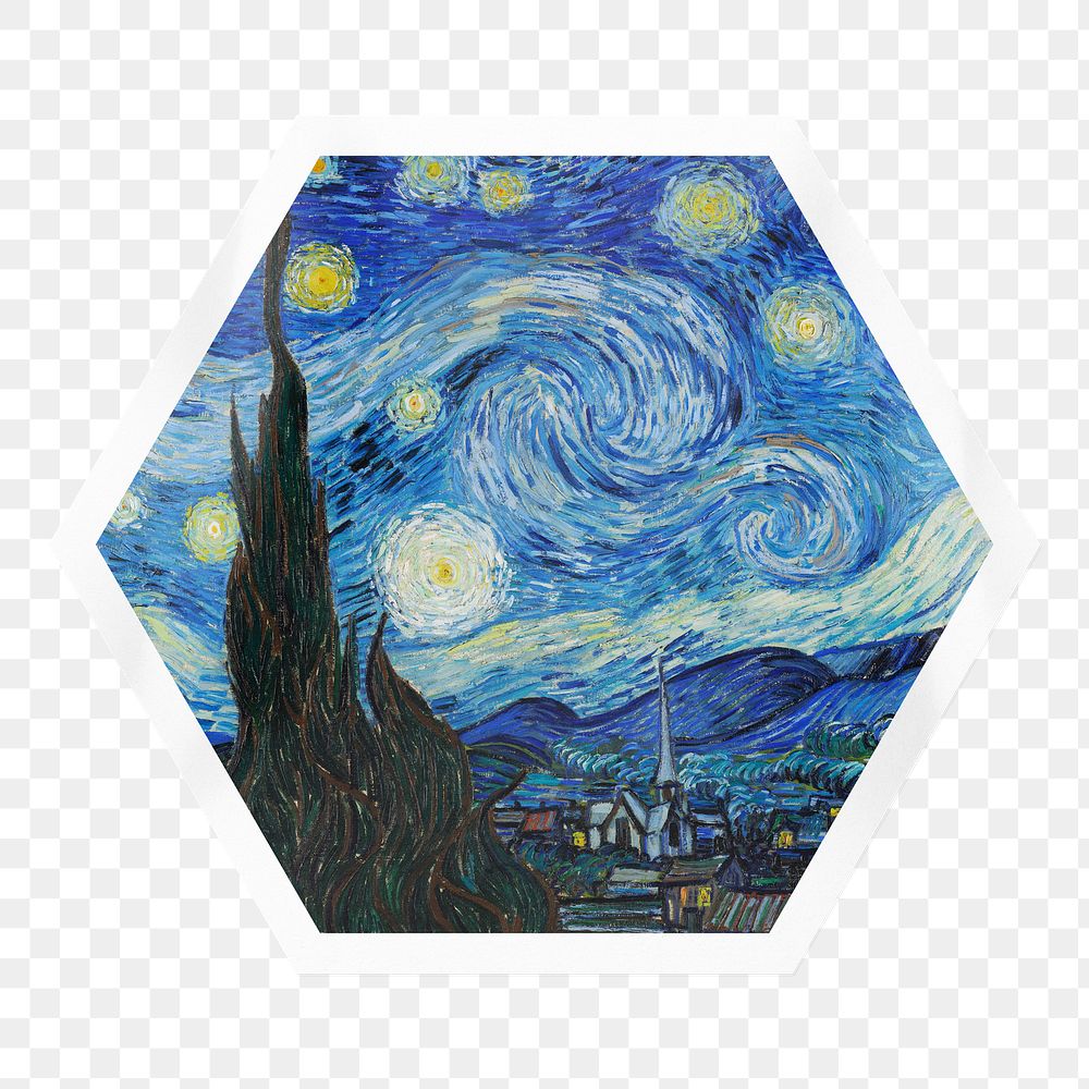 The Starry Night png sticker, hexagon badge on transparent background, remixed by rawpixel
