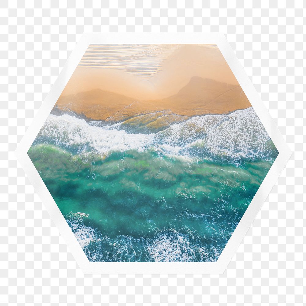 Beach wave png sticker, hexagon badge on transparent background