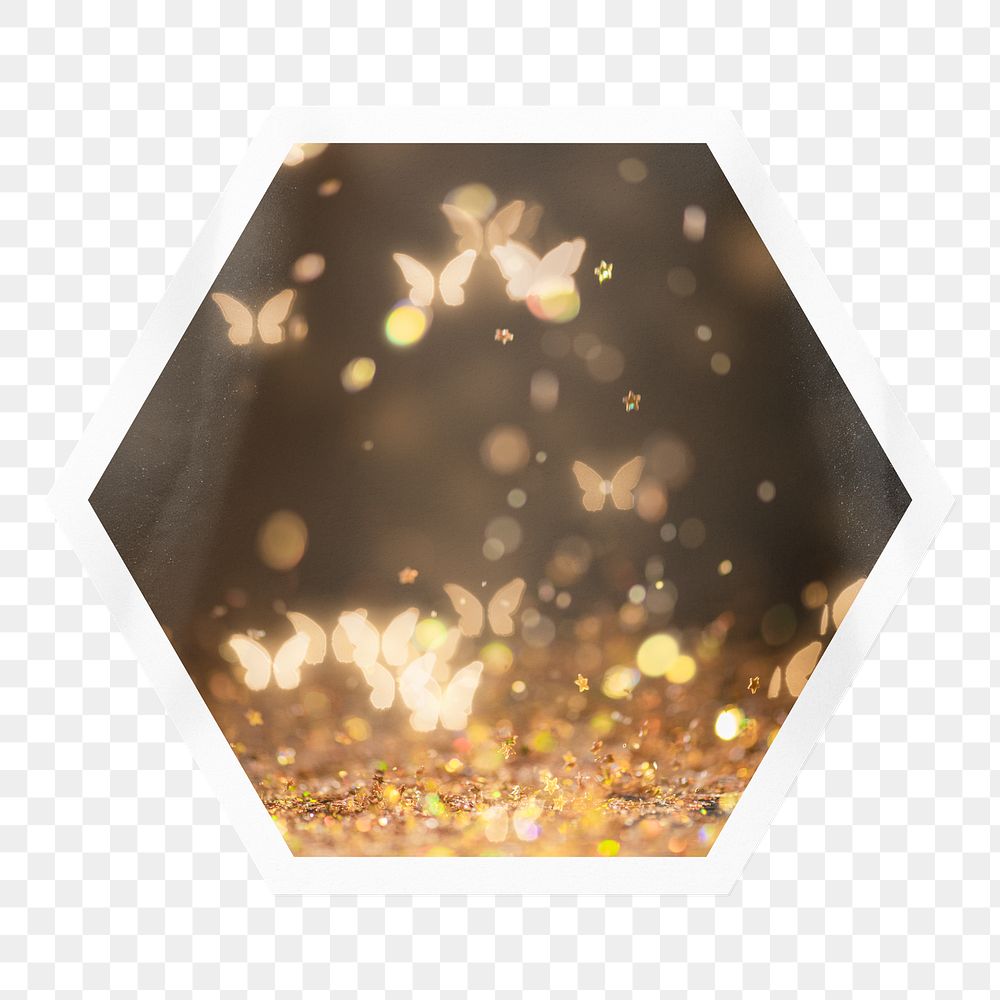 Butterfly bokeh png sticker, hexagon badge on transparent background