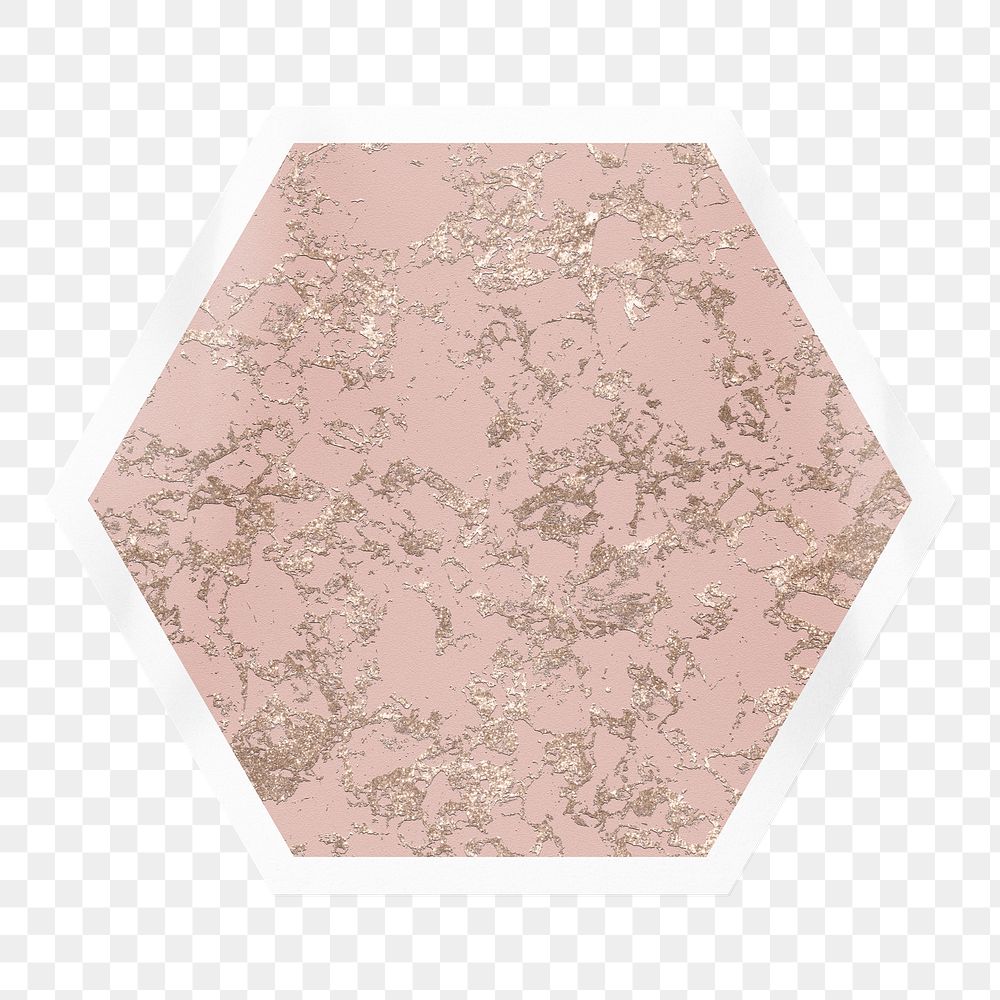 Pink marble png sticker, hexagon badge on transparent background