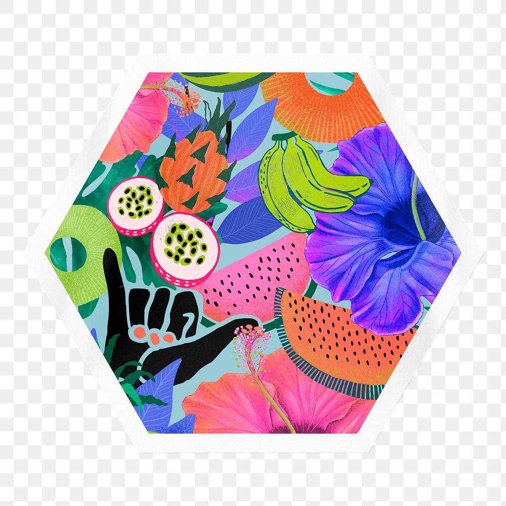 Exotic tropical png pattern sticker, hexagon badge on transparent background