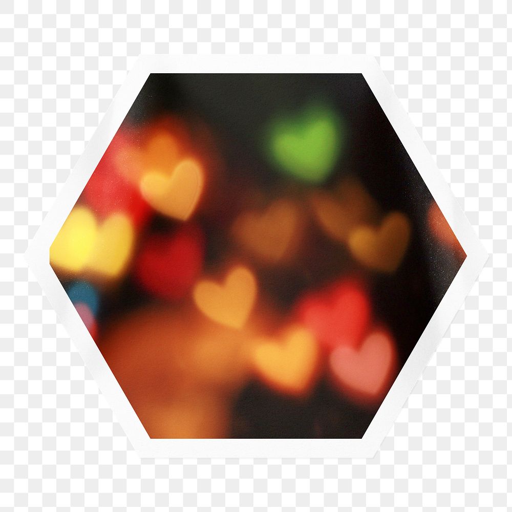 Heart bokeh png sticker, hexagon badge on transparent background