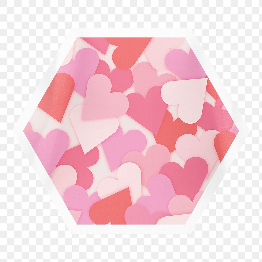 Pink heart pattern png sticker, hexagon badge on transparent background