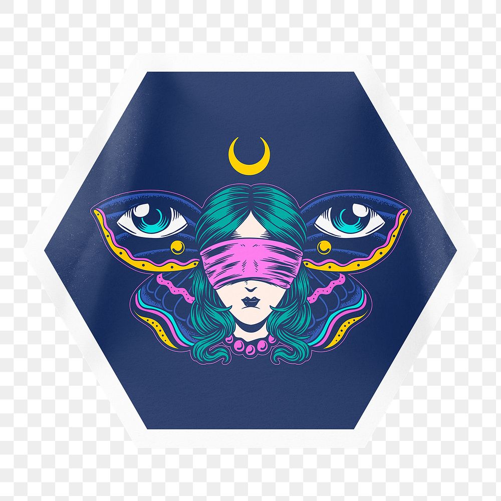 Blindfolded woman png sticker, hexagon badge on transparent background