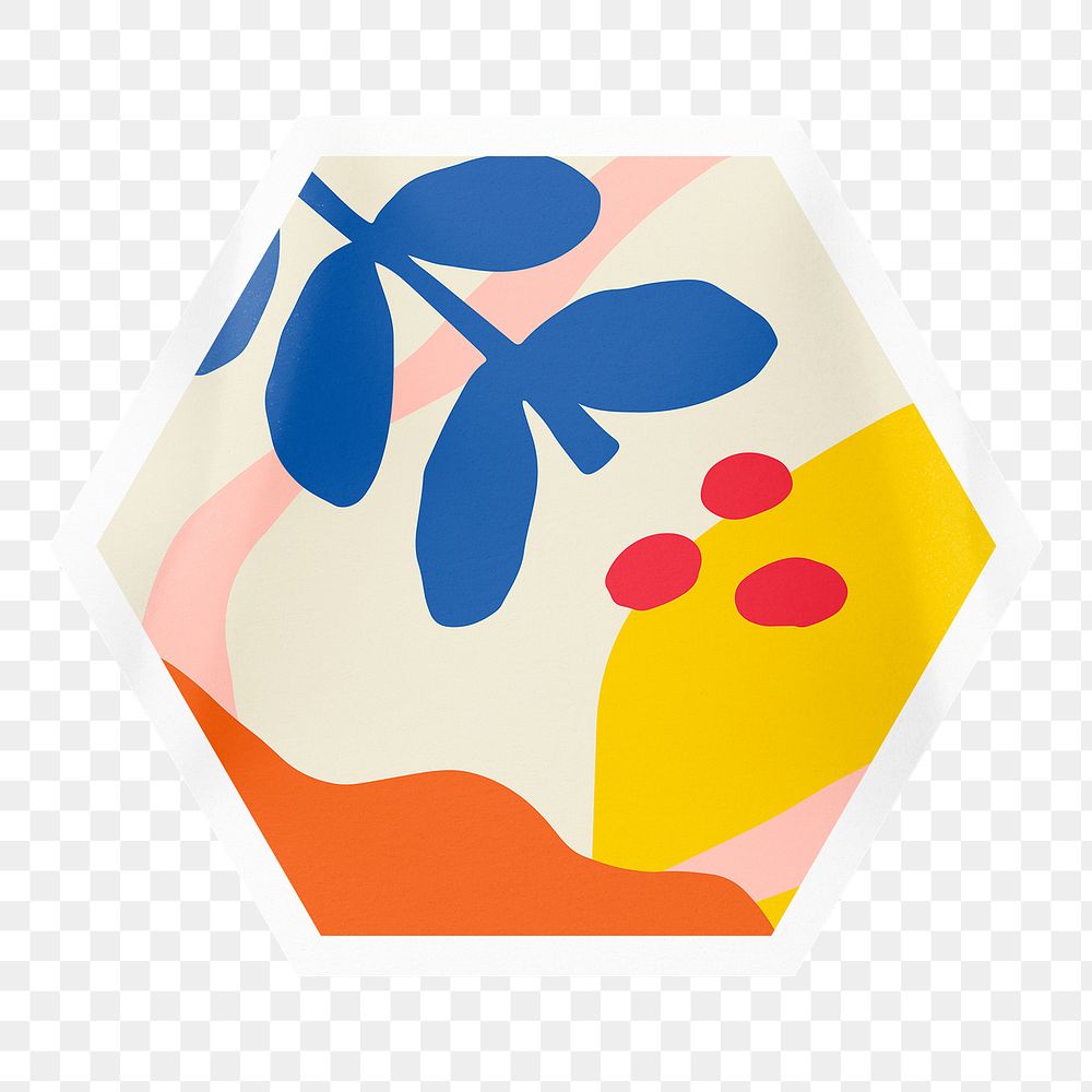 Aesthetic botanical memphis png sticker, hexagon badge on transparent background