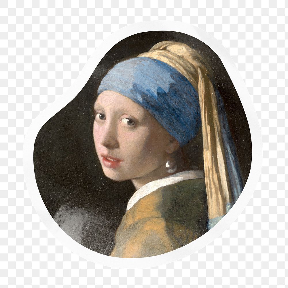 Png Girl with Pearl Earring badge sticker on transparent background, remixed by rawpixel