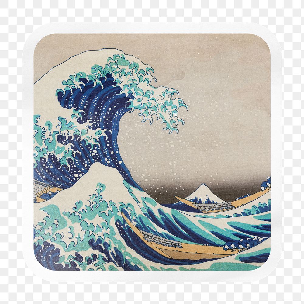 Png The Great Wave off Kanagawa square badge sticker on transparent background, remixed by rawpixel
