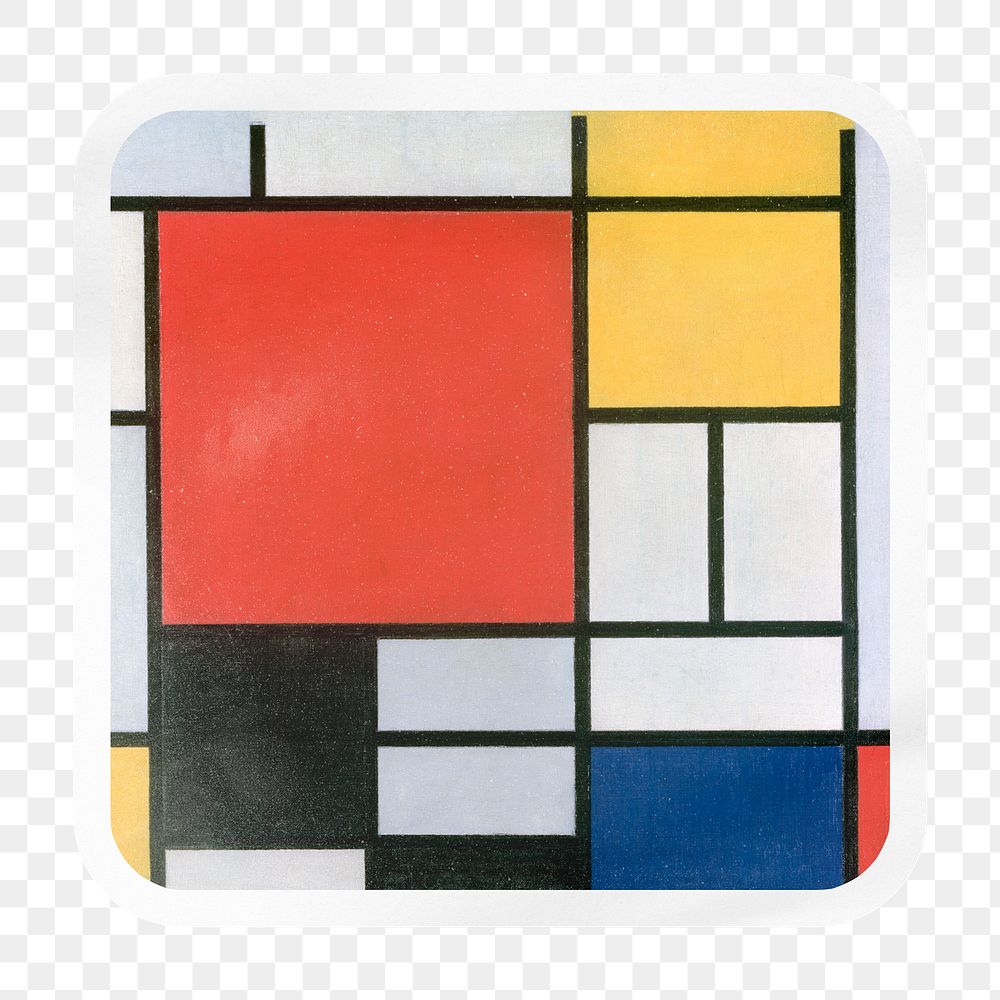 Piet Mondrian's png abstract pattern square badge sticker on transparent background, famous artwork remixed by rawpixel