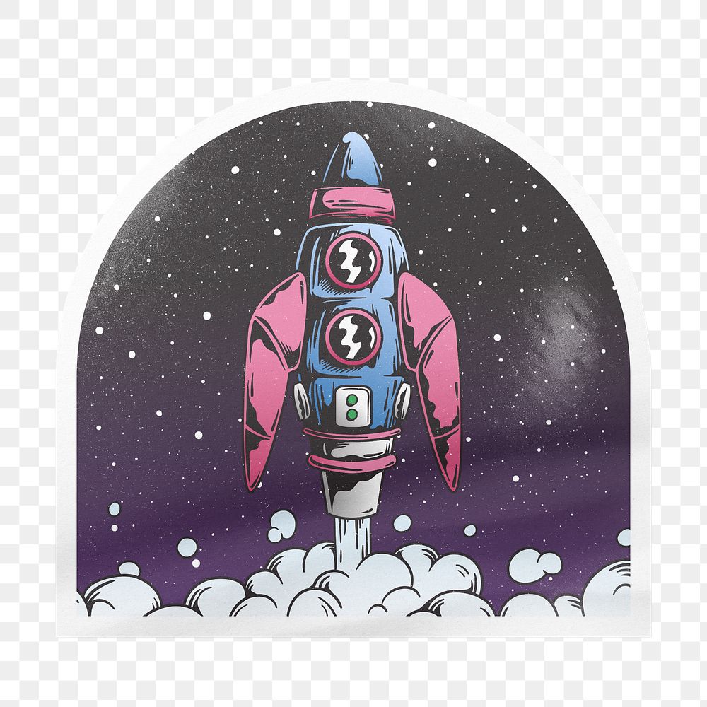 Space rocket png arc badge sticker on transparent background