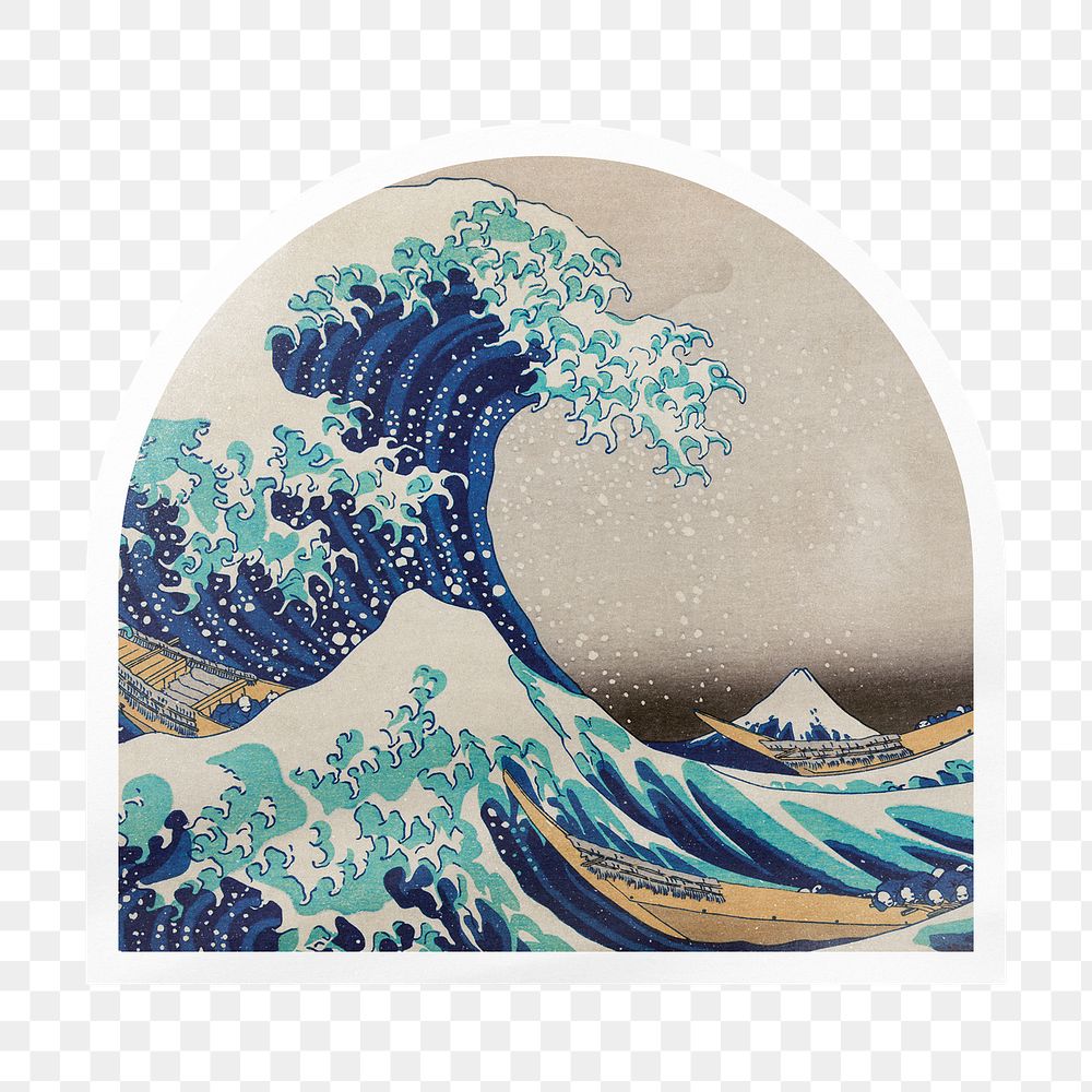 The Great Wave off Kanagawa png arc badge sticker on transparent background, remixed by rawpixel