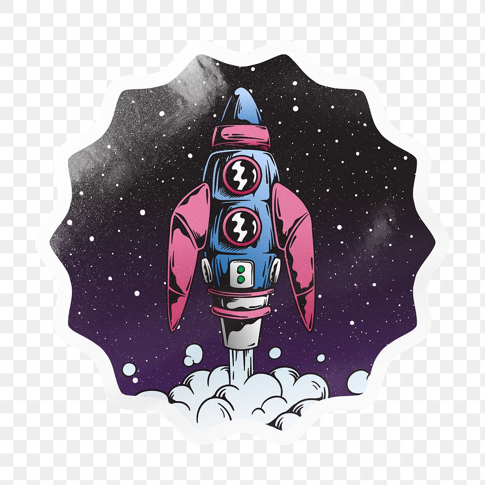 Space rocket png starburst badge sticker on transparent background