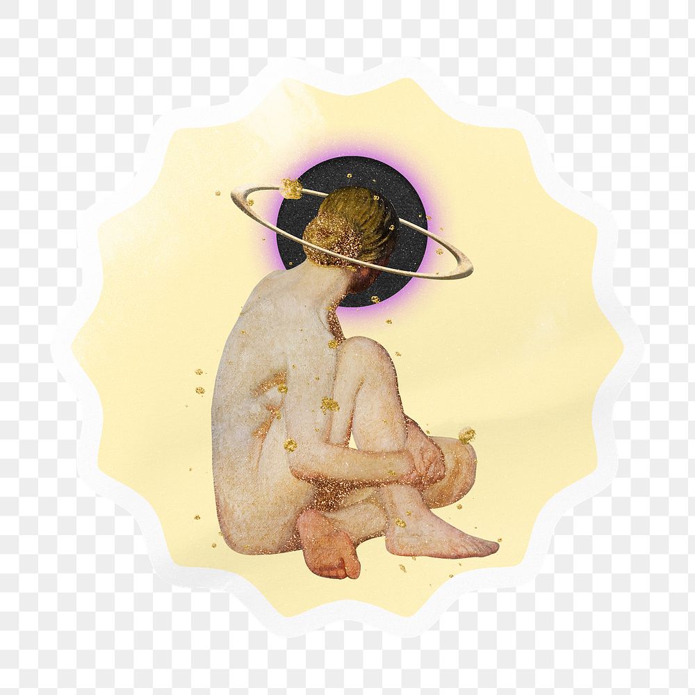 Naked woman png angel halo starburst badge sticker on transparent background