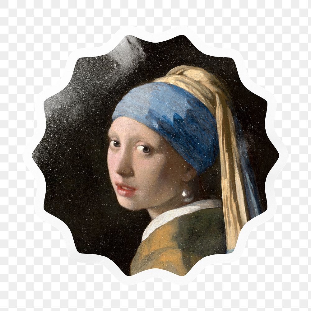 Png Girl with Pearl Earring starburst badge sticker on transparent background, remixed by rawpixel