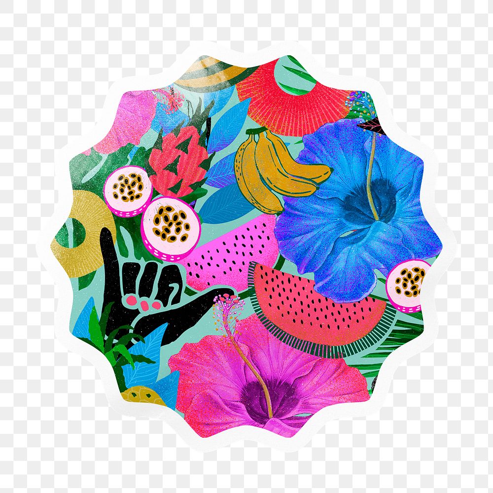 Exotic tropical png pattern starburst badge sticker, transparent background