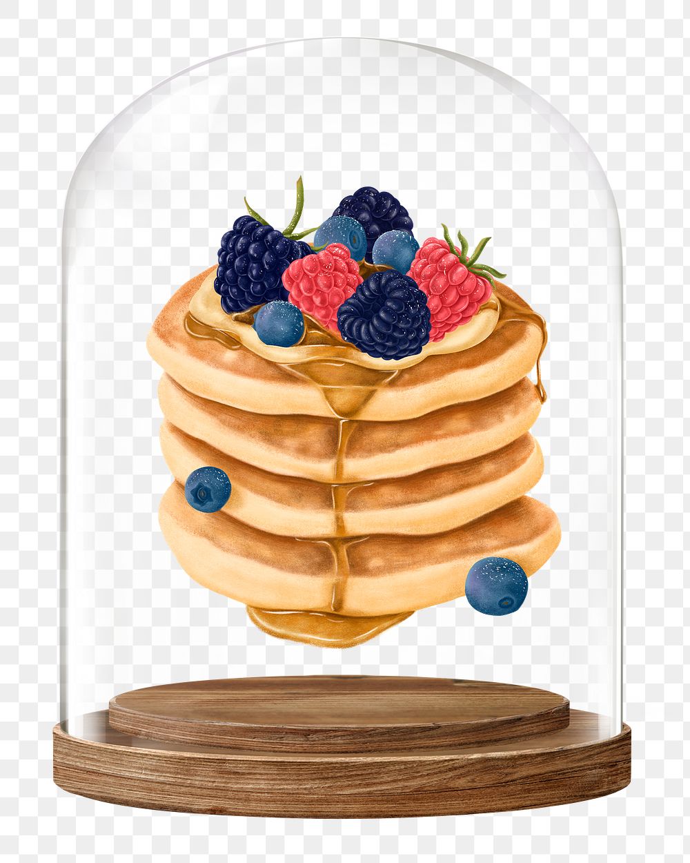 Mixed berry pancakes png glass dome sticker, dessert concept art, transparent background