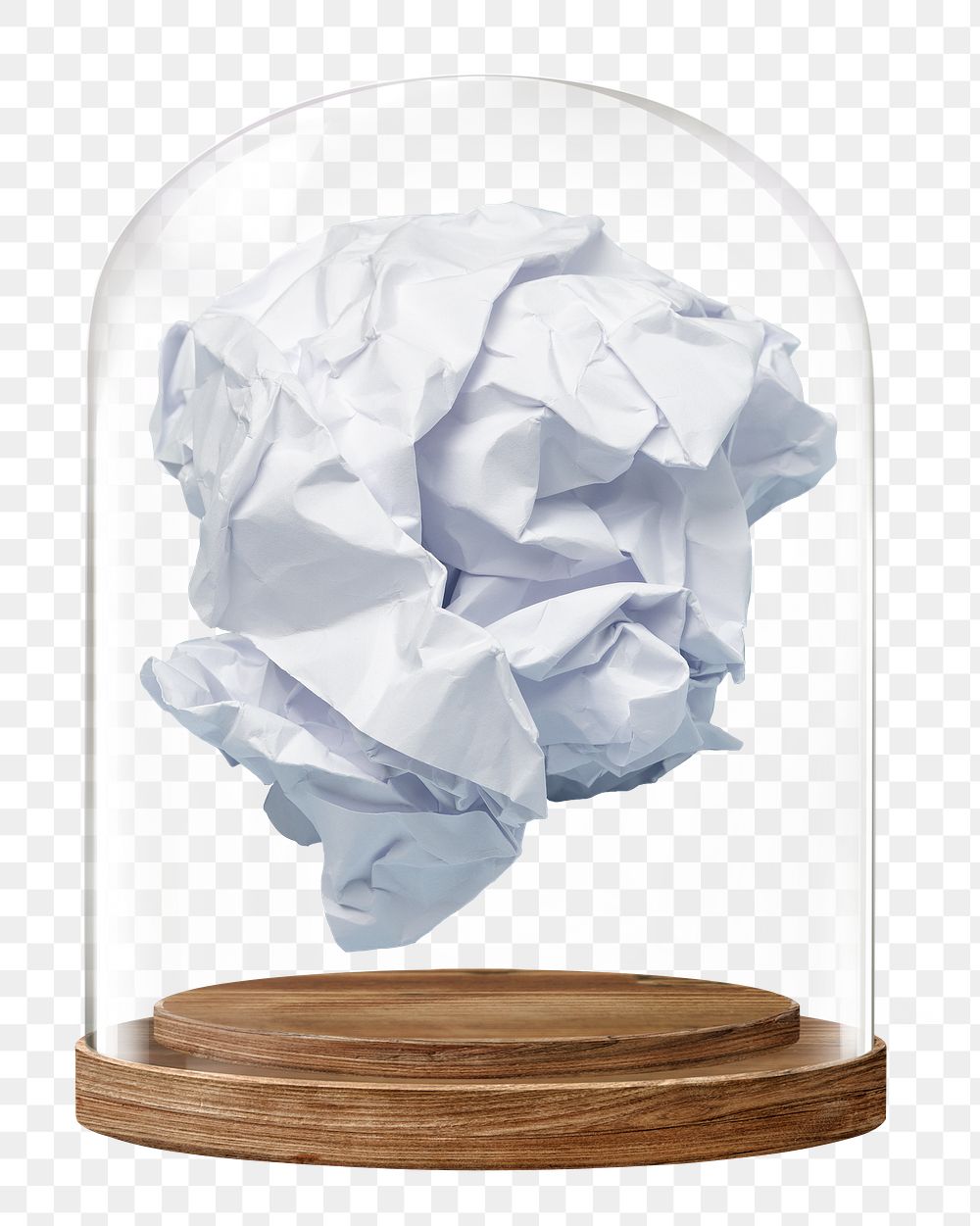 Crumpled paper png glass dome sticker, writer's block concept art, transparent background