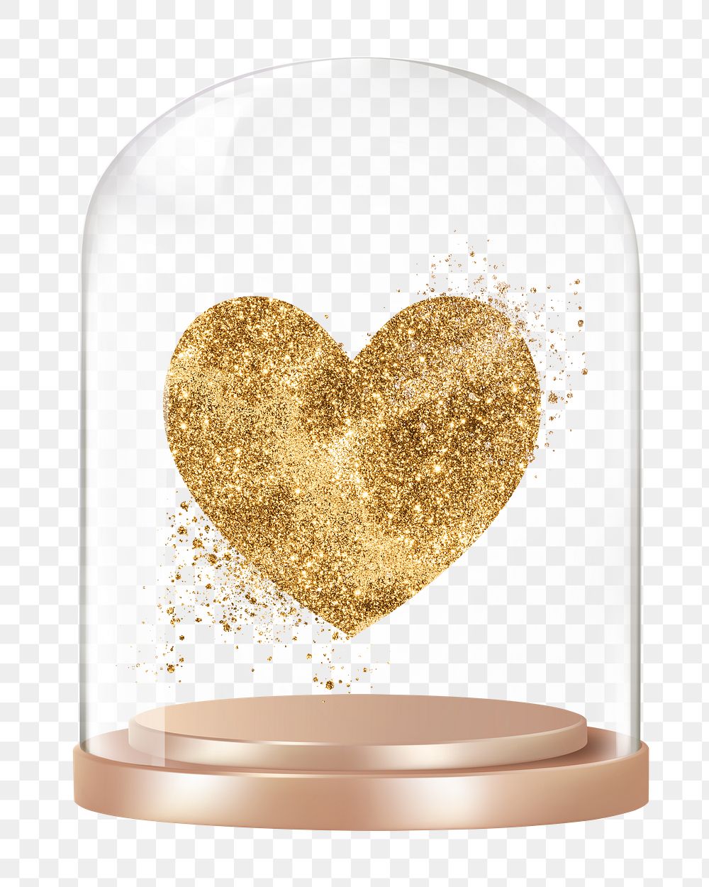 Gold glittery heart png glass dome sticker, Valentine's Day concept art, transparent background
