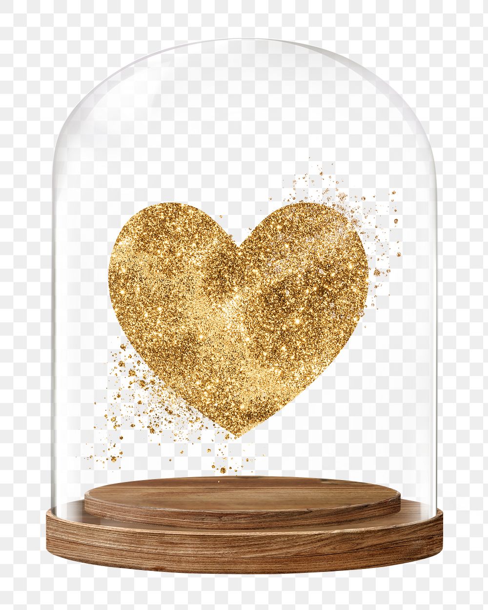 Gold glittery heart png glass dome sticker, Valentine's Day concept art, transparent background