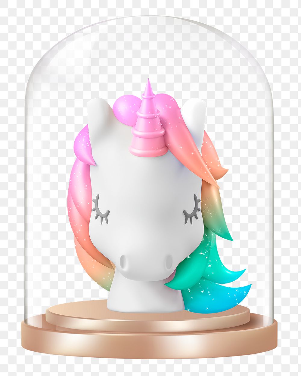 3D unicorn png glass dome sticker, startup business concept art, transparent background