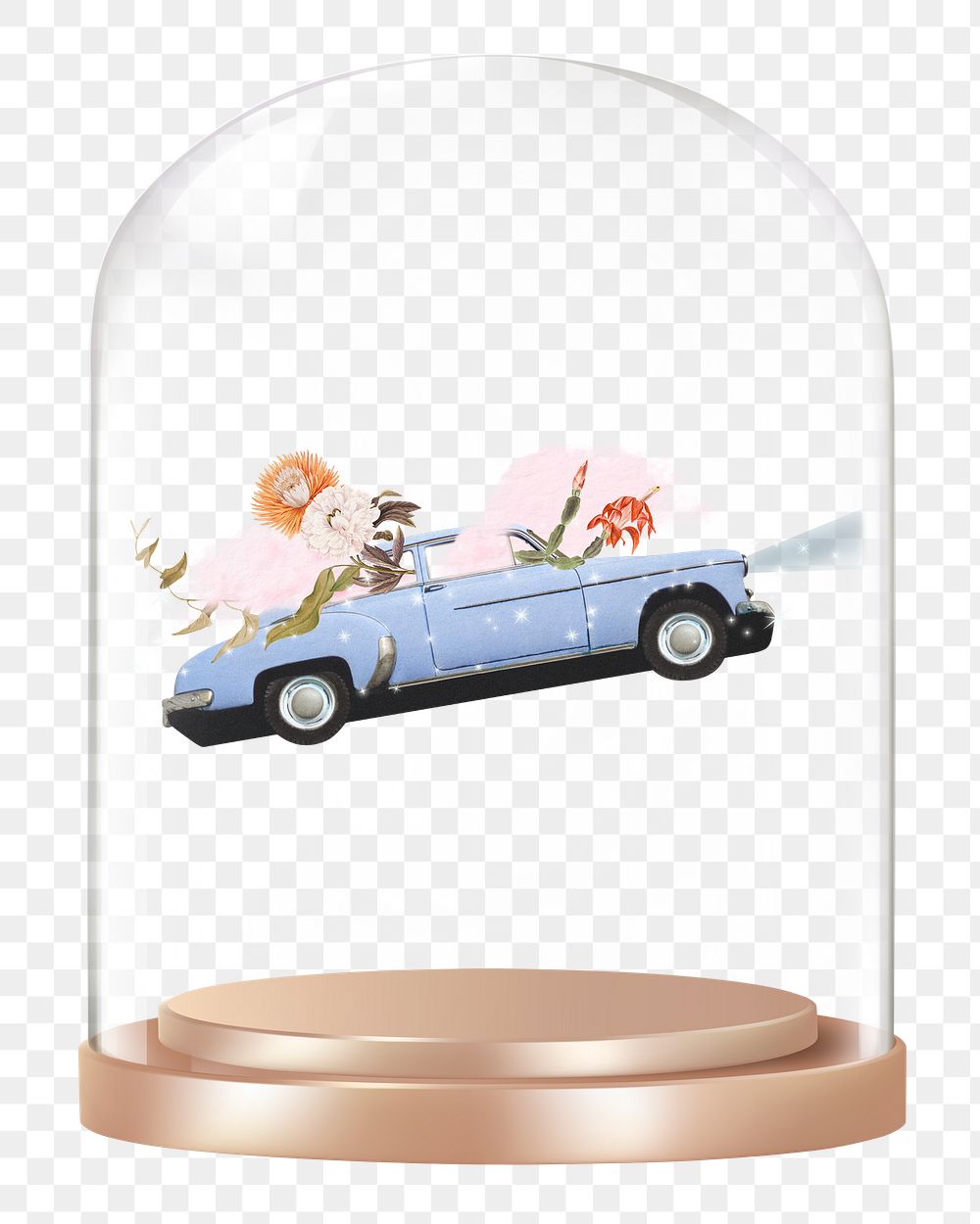 Surreal flying car png glass dome sticker, vehicle concept art, transparent background