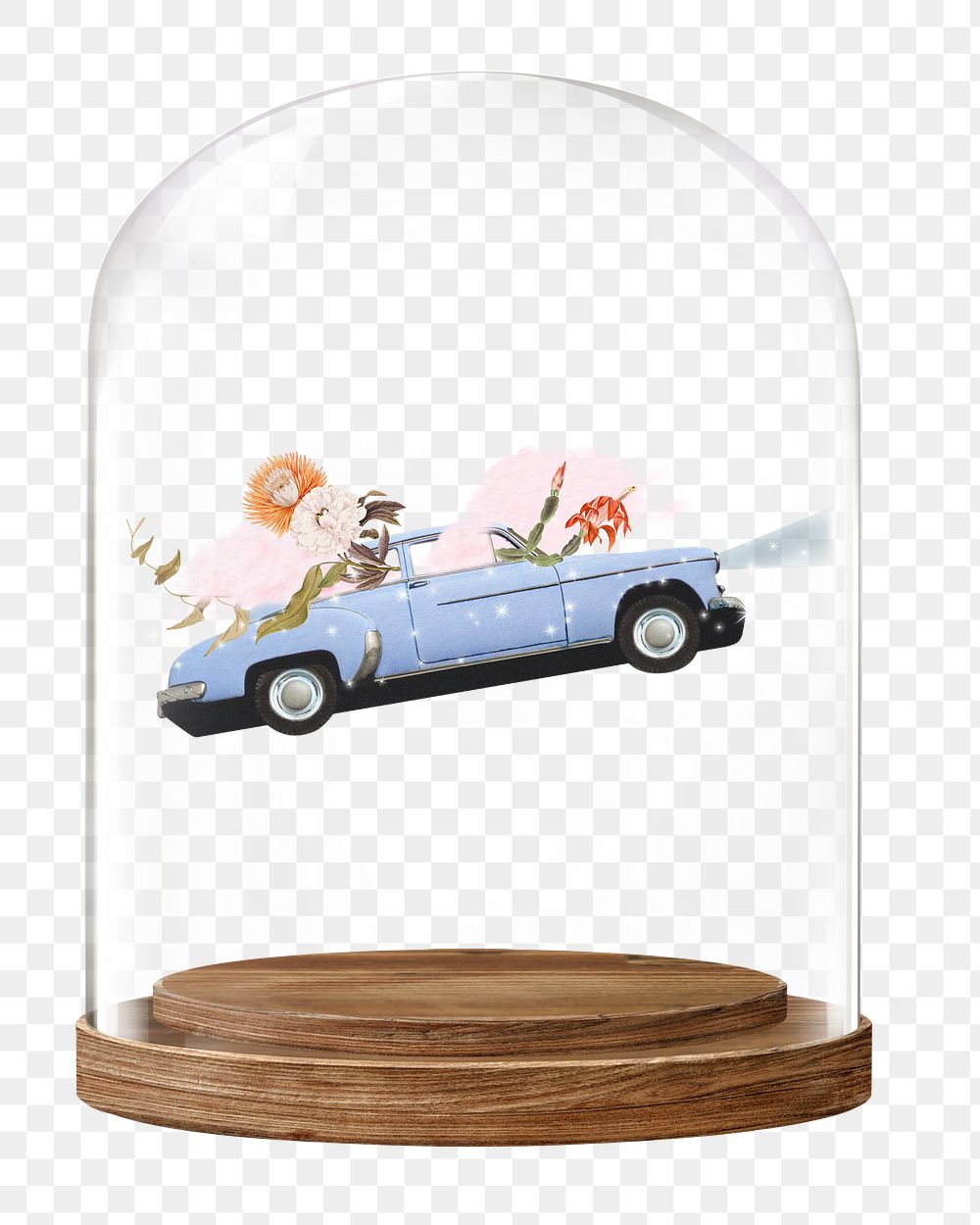 Surreal flying car png glass dome sticker, vehicle concept art, transparent background