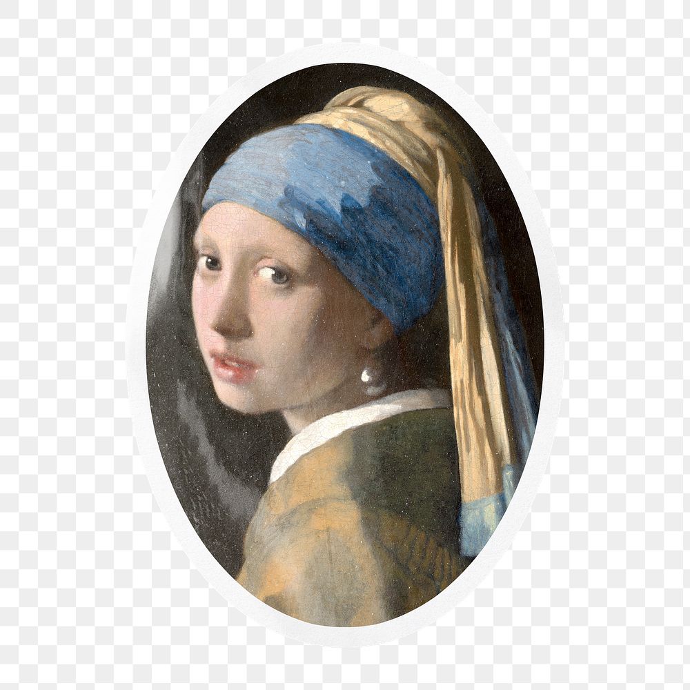 PNG Girl with a Pearl Earring by Johannes Vermeer, painting sticker in oval shape outline in transparent background, remixed…