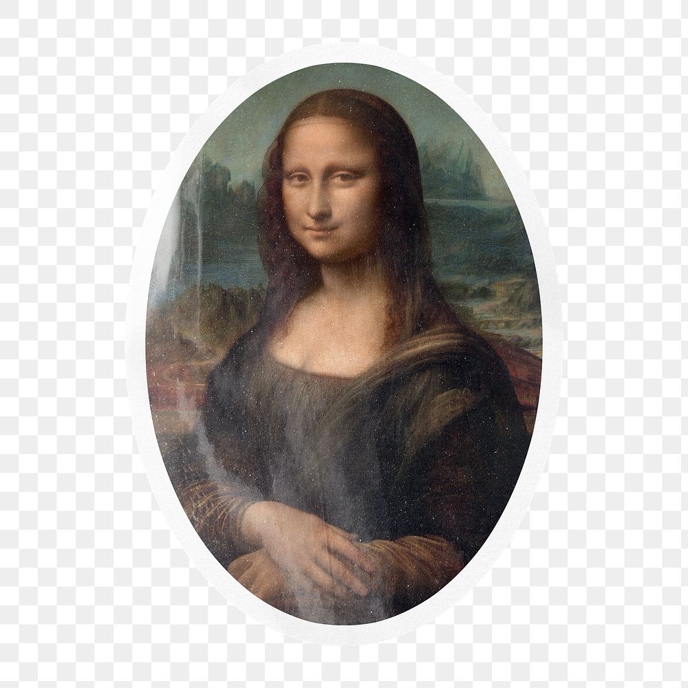 PNG Mona Lisa by Da Vinci, painting sticker in oval shape outline in transparent background, remixed by rawpixel.