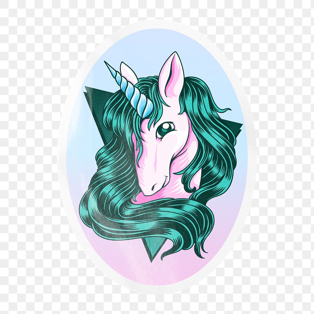 PNG cute unicorn, oval clipart with white border, transparent background