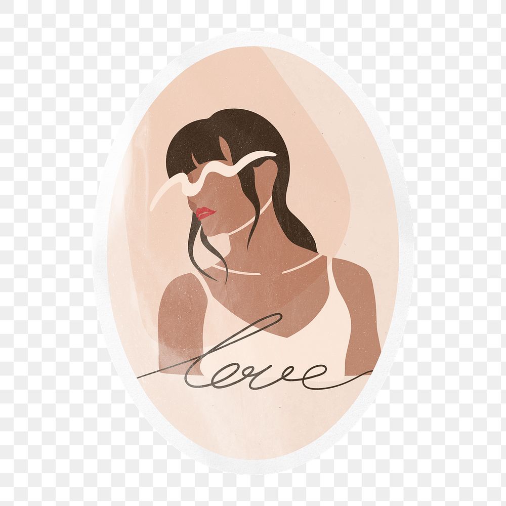 PNG love cursive handwriting, feminine woman beige sticker, oval in transparent background