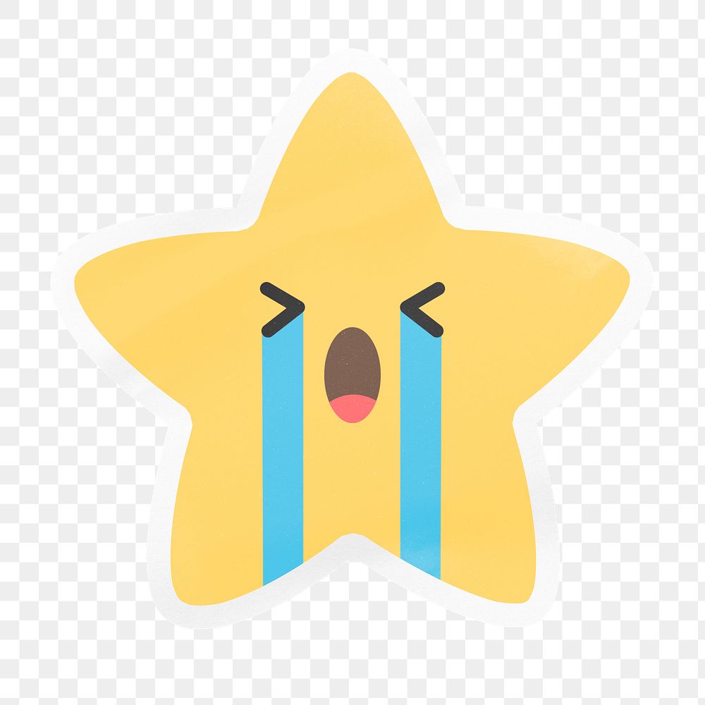 PNG crying star emoji, sad digital sticker with white border in transparent background