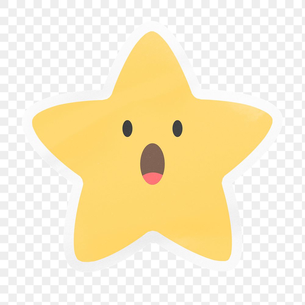 PNG wow face star emoji, surprised digital sticker with white border in transparent background