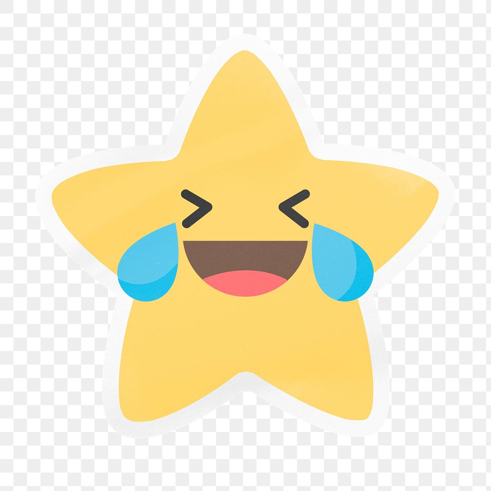 PNG laughing star emoji, funny digital sticker with white border in transparent background