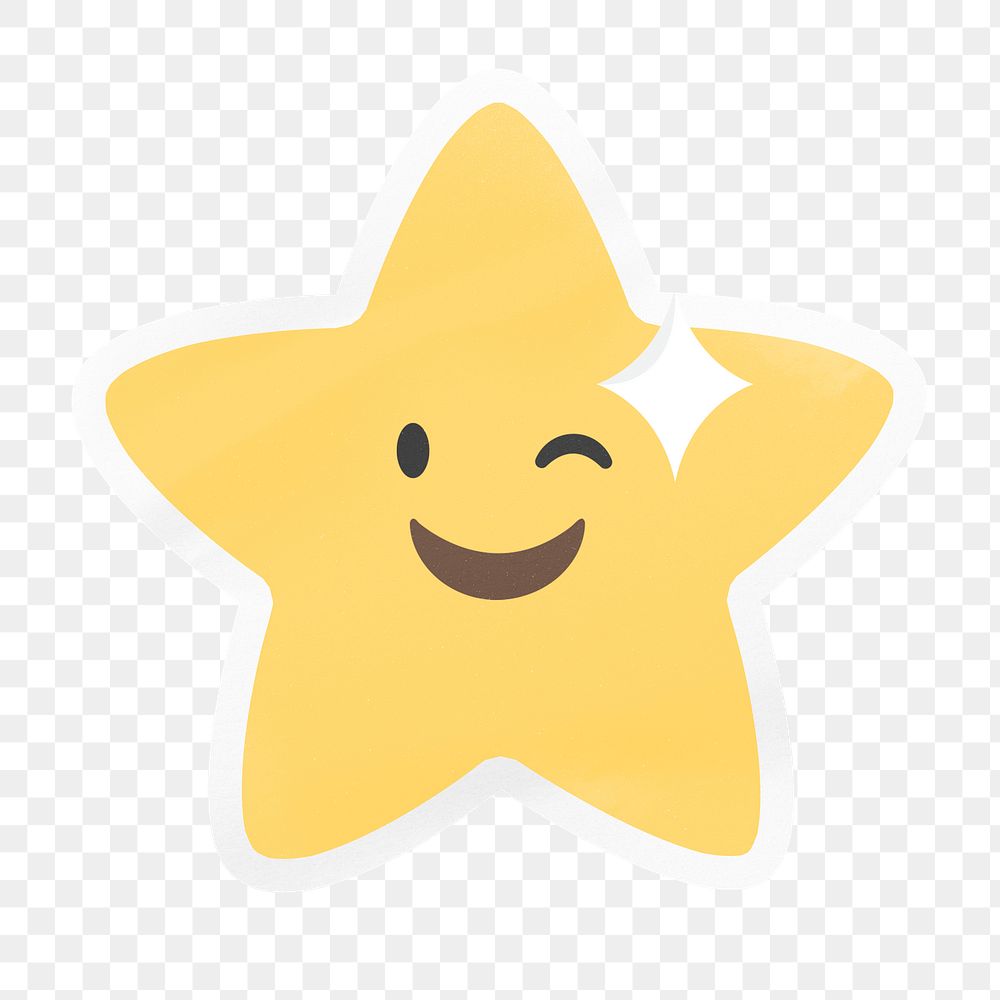 PNG winking star emoji, playful digital sticker with white border in transparent background