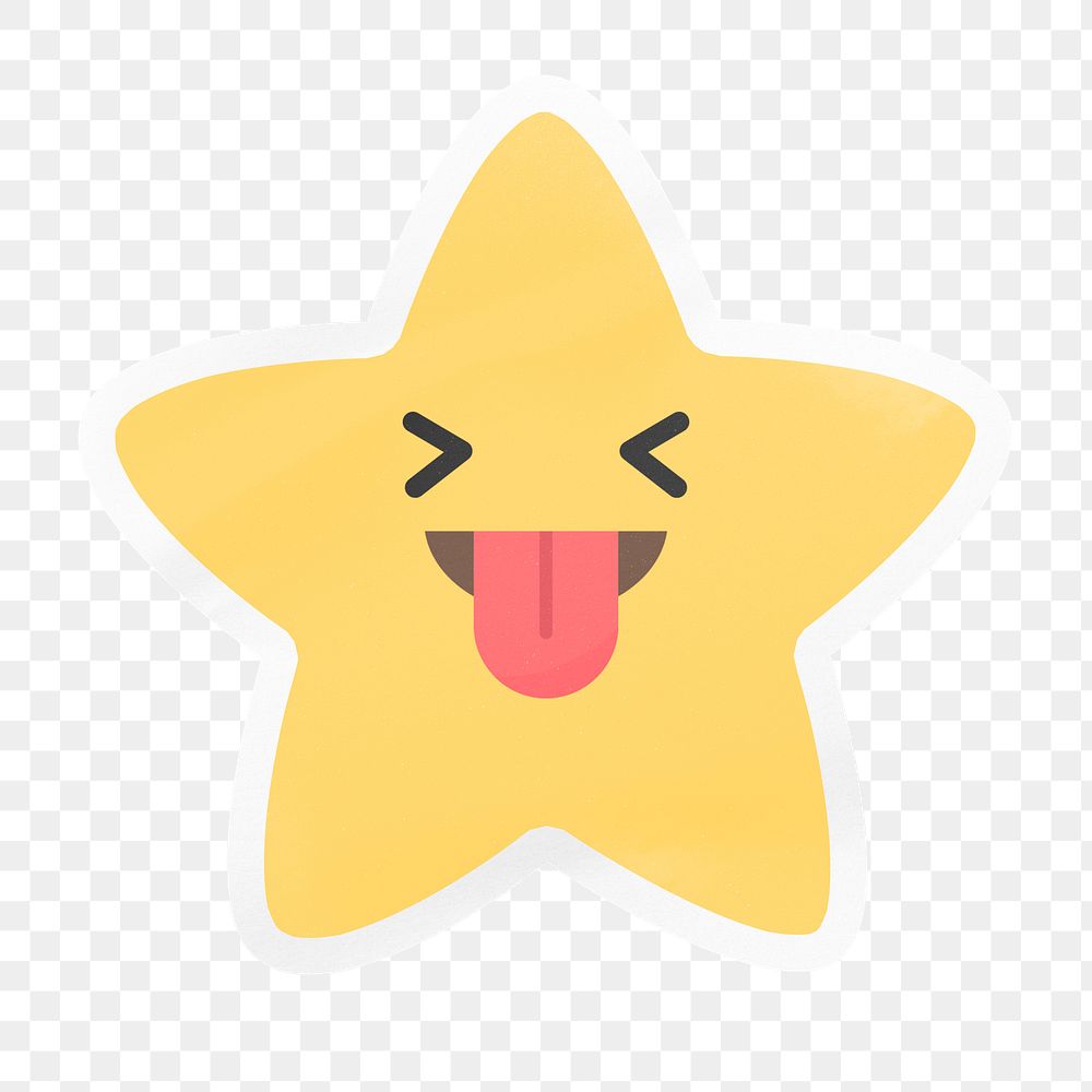 PNG happy star emoji, squinting face with tongue out, digital sticker in transparent background